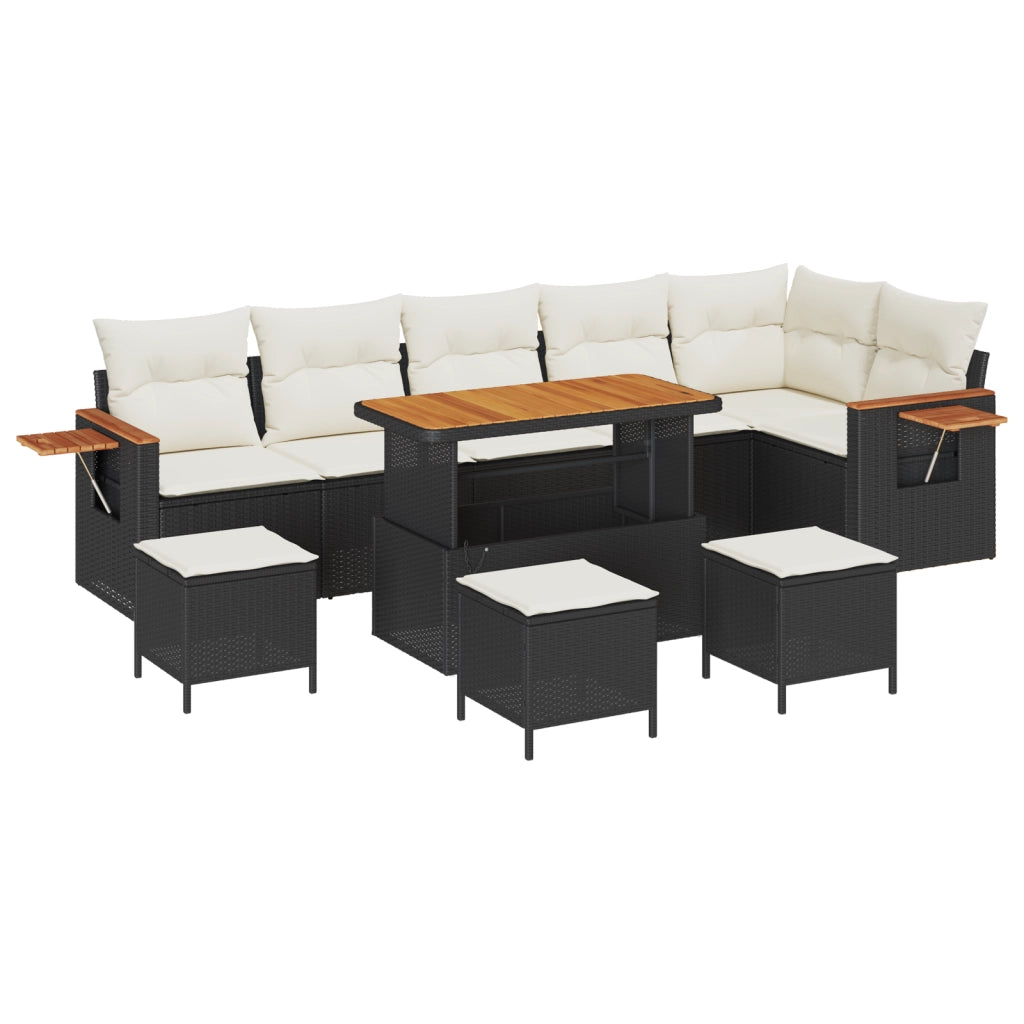 Set Divano da Giardino con Cuscini da 10 Pezzi Black Poly Rattan Acacia