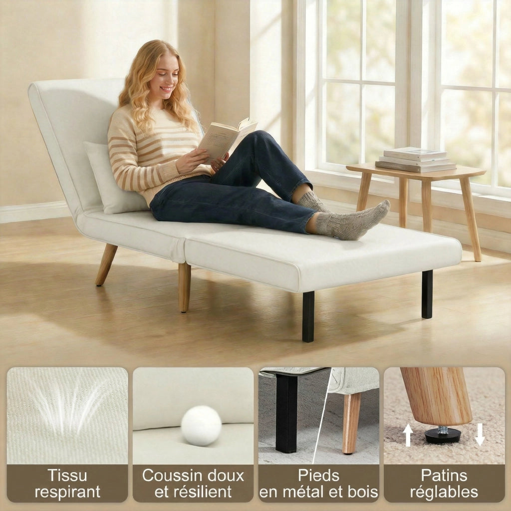 Poltrona letto singolo imbottita 3 in 1 ¨C zephmum ¨C tessuto crema con cuscino