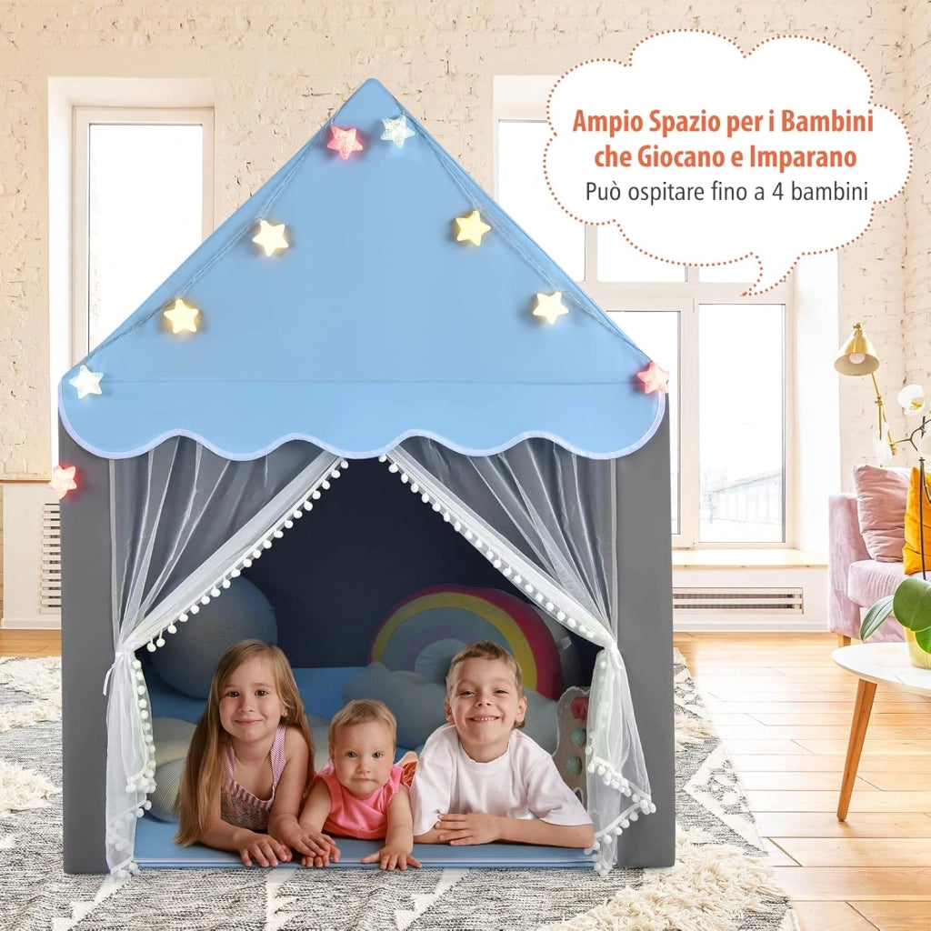 Tenda da Gioco per Bambini, Tenda Castello con Tappetino Lavabile, Luci a Forma di Stella, per Interno ed Esterno, 105 x 121 x 136 cm (Azzurro)