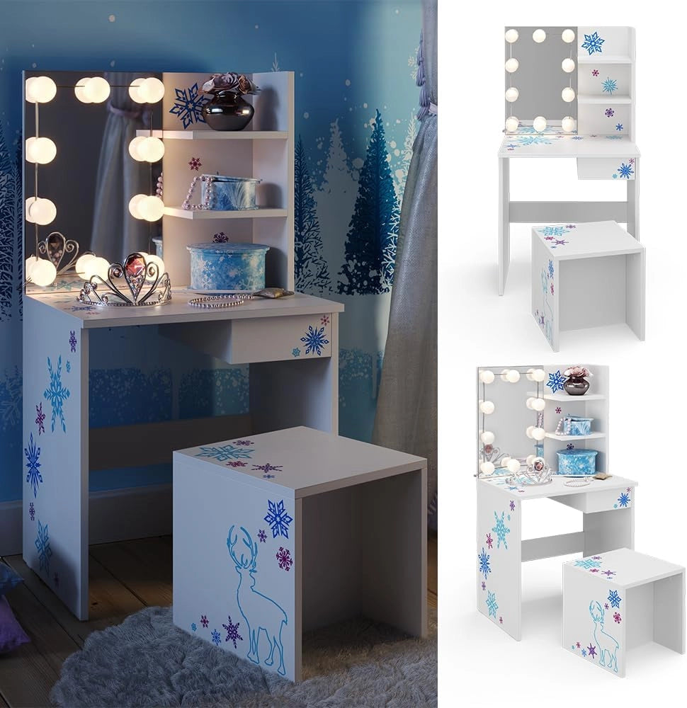 Tavolino da toilette per bambini Schneeflocke, Bianco, 54.8 cm con illuminazione a LED, adatto per la conservazione di cosmetici e accessori