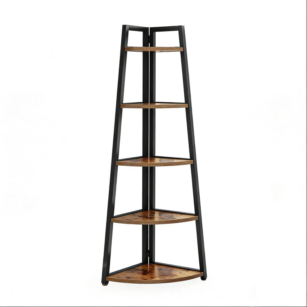 Scaffale angolare a 5 ripiani in metallo e legno