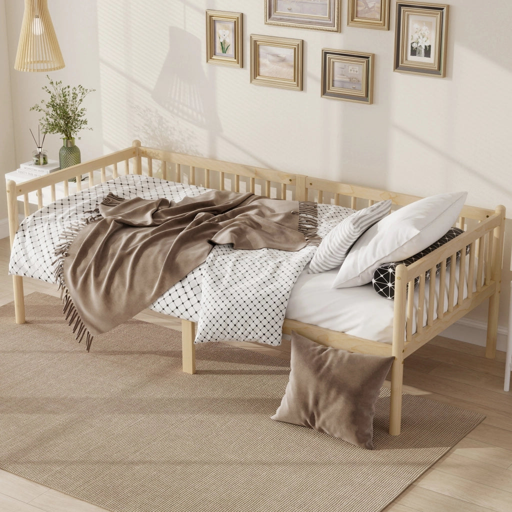 Letto basso 90 × 200 cm con sponde su 3 lati, spazio sotto il letto, senza materasso, in pino naturale