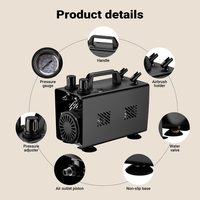 Compressore aerografo AS18TA 1/6 CV, compressore ad aria con portata d'aria compressa 20-23 l/min, 2 attacchi per pistola aerografo, manometro, per modellismo, decorazione unghie