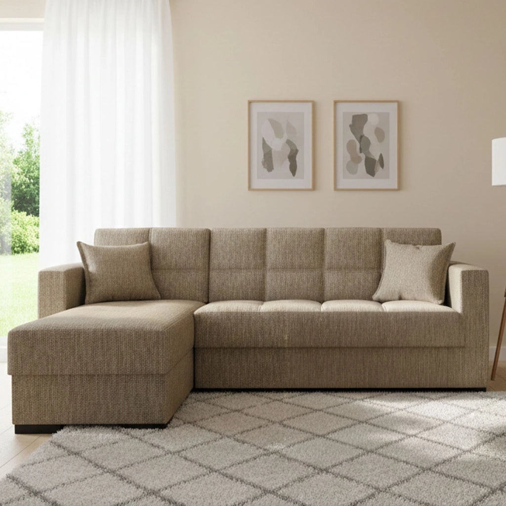 Divano letto Armadillo, Divano letto ad angolo con penisola reversibile, Sofà\  contenitore da soggiorno con chaislongue e 2 cuscini, Cm 230x150h81, Beige