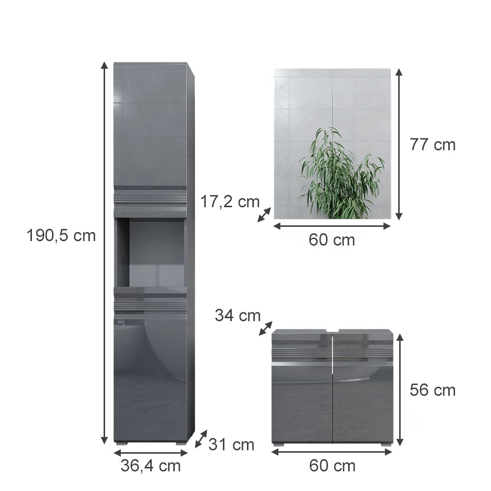 Vicco Set mobili bagno Antracite lucido 3 parti, con colonna