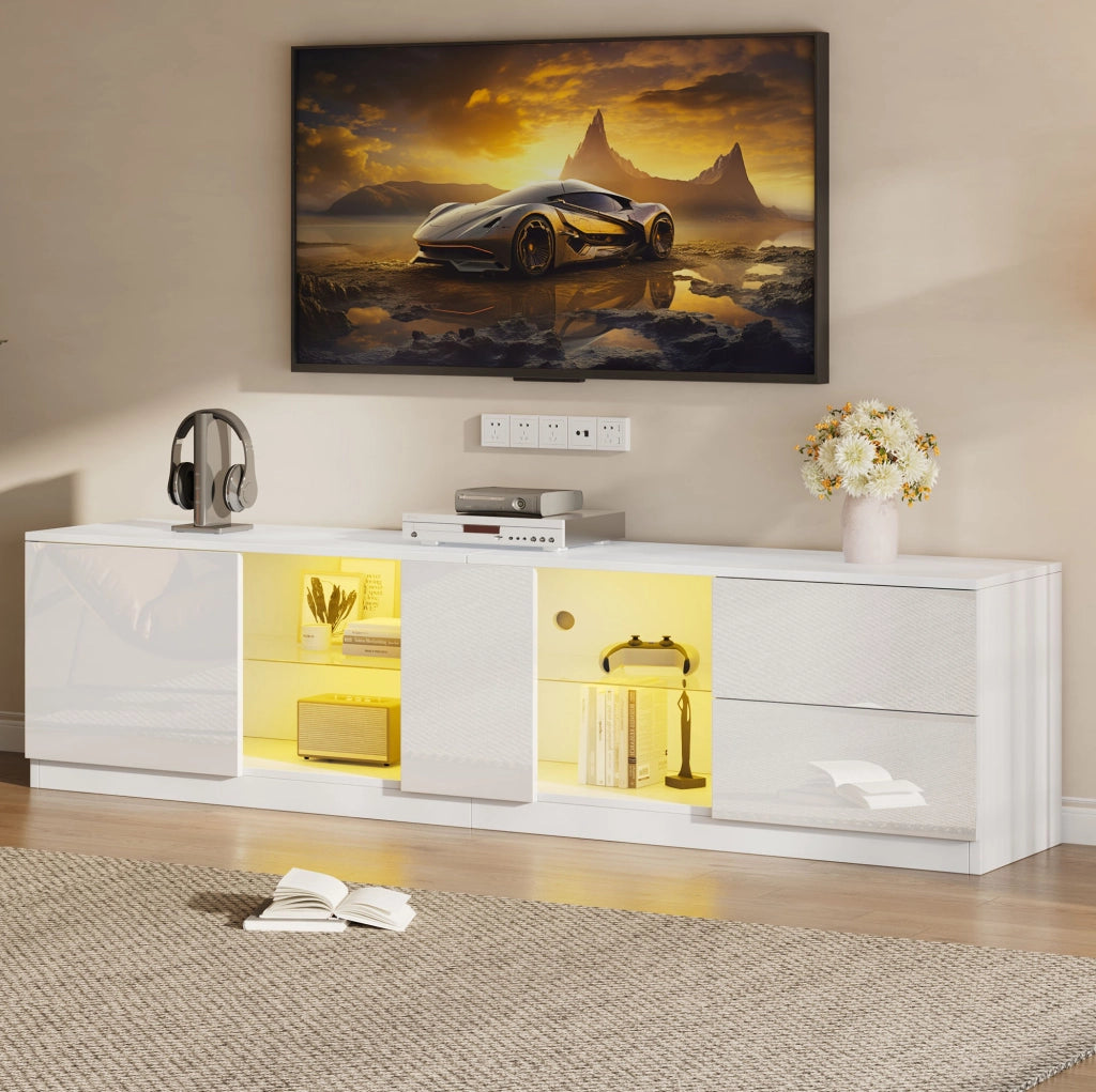 Mobile TV bianco lucido 160x40x52 cm con LED, 2 cassetti e anta