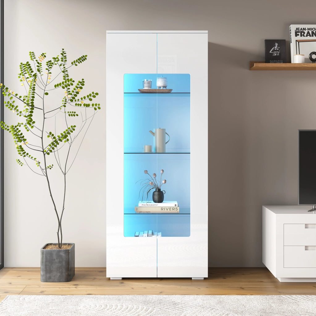 Vetrina soggiorno 70x40x173 cm con 2 ante in acrilico; LED USB e frontale lucido; bianca