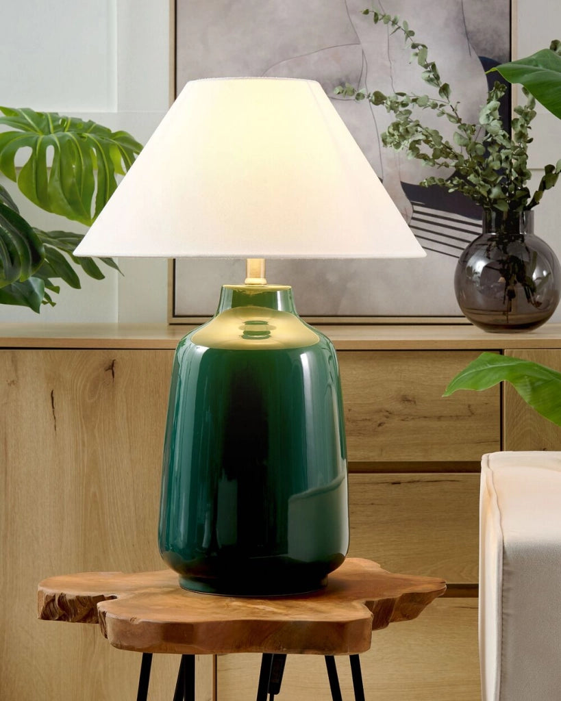 Lampada da tavolo Base ceramica verde scuro Paralume in tessuto Illuminazione d'ambiente Lampada da tavolo da comodino