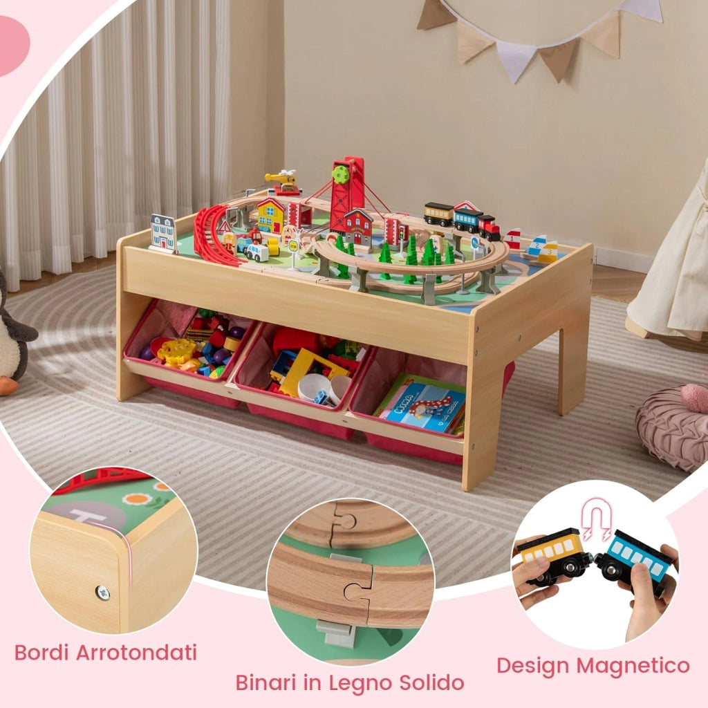 Tavolo con Set di Treni per Bambini 3+ Anni, Tavolo da Gioco Multifunzionale in Legno con 2 Superfici Reversibili, 3 Cassetti in Tessuto e Accessori per Binari, Scrivania da Gioco