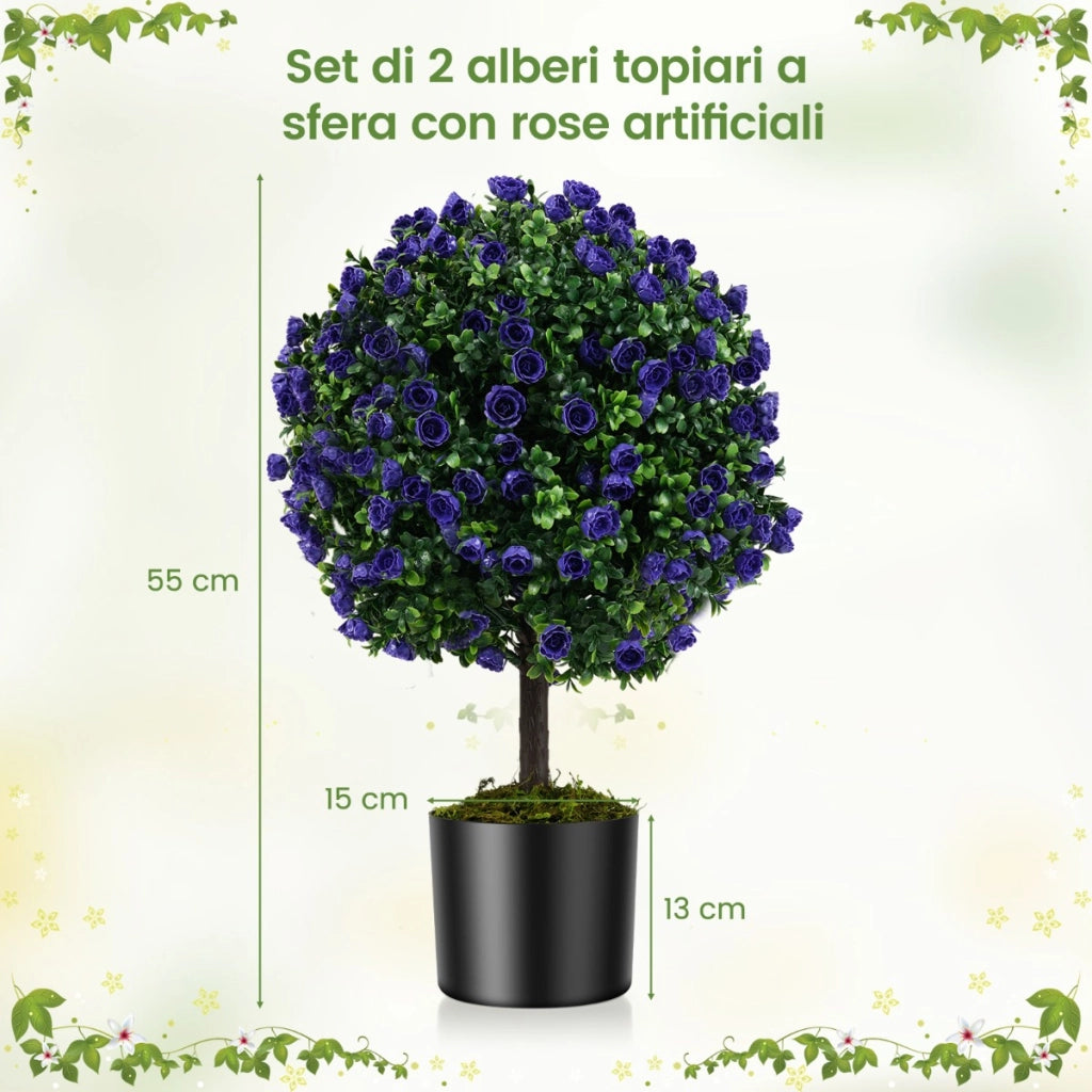 Alberi di topiario pianta finta resistente al sole per interni ed esterni, Set di 2 alberi di topiario artificiale con rose Viola-Piante artificiali