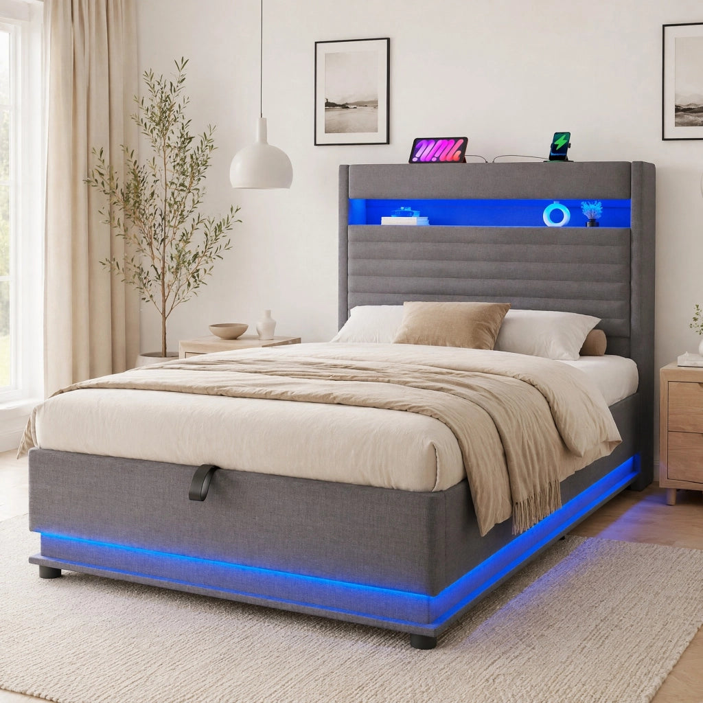 Letto imbottito 90x200 cm in lino grigio con contenitore idraulico; LED e porte USB