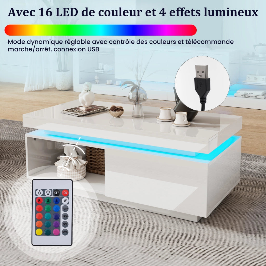 OKWISH Set 2 Mobile TV e Tavolino da Salotto, con LED e Vano Contenitore, Pannelli Lucidi, in Truciolare Bianco