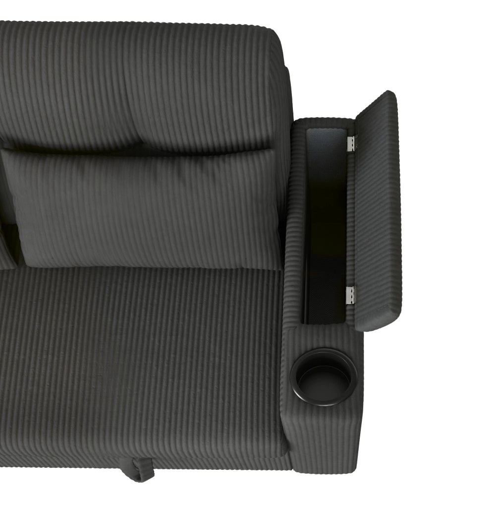 Divano 2 posti moderno in velluto a coste grigio con contenitore e porta USB/Type-C
