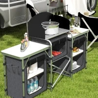 Cucina da Campeggio Pieghevole a 3 Piani con 5 Ripiani Interni e 4 Ganci, 172x48x119 cm, Nero