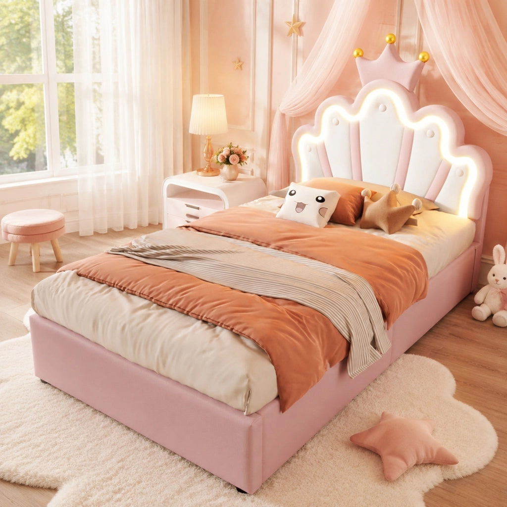 LETTO imbottito 90x200 cm con testiera regolabile, LED, PU rosa