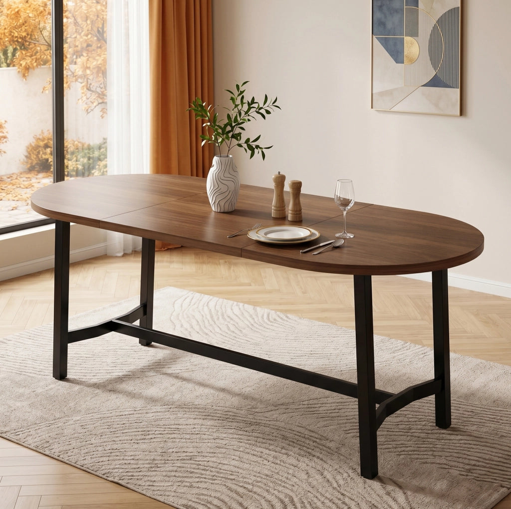 Tavolo da pranzo 180x80 cm con angoli arrotondati; in MDF e ferro; colore noce