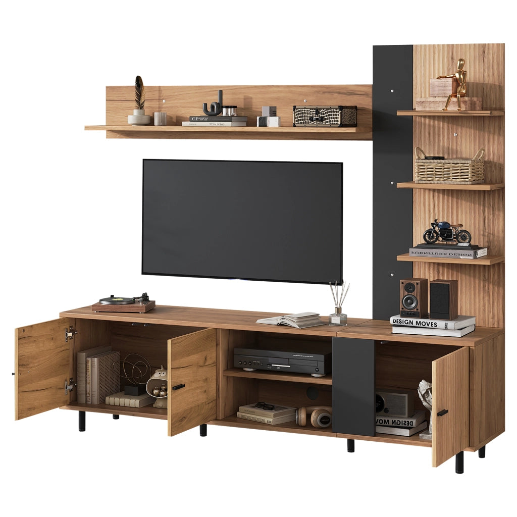 Mobile porta TV con 3 ante e ripiani aperti, per soggiorno, in truciolare, legno e nero, 187,5 × 40 × 167 cm