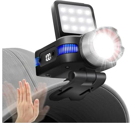 Lampada LED portatile con sensore e display elettronico, estremamente luminosa, 5 impostazioni, zoom 180 gradi, IPX4 impermeabile, adatta per pescatori, campeggiatori e corridori.