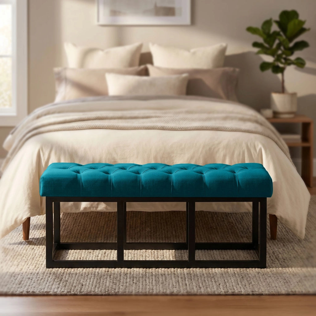 Panca design AMUN in metallo nero opaco e tessuto blu,120 cm