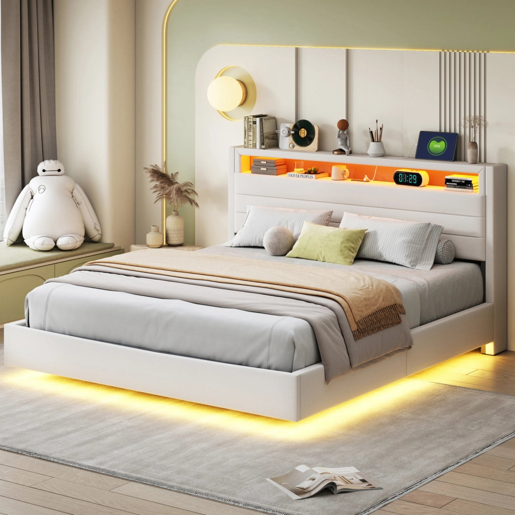Letto matrimoniale imbottito 160x200 cm con USB; LED e contenitore idraulico; beige