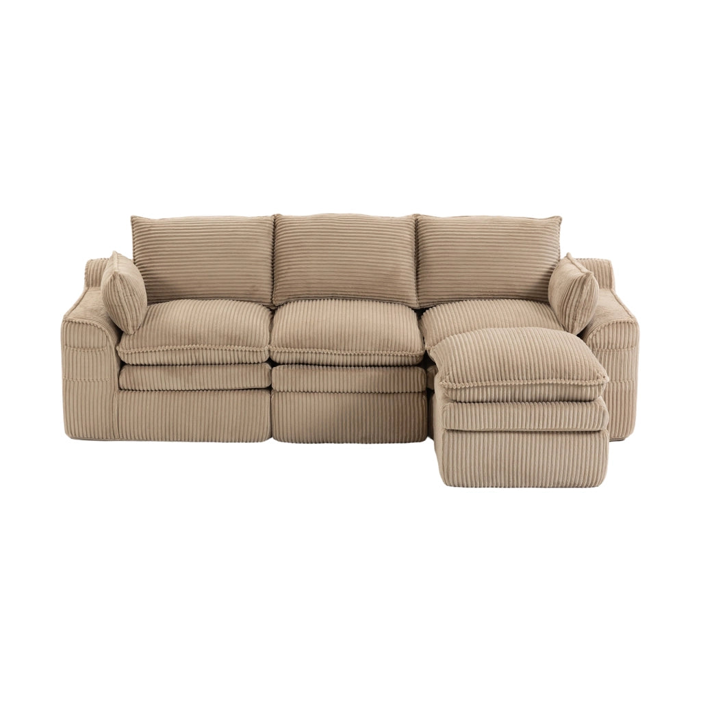 Divano modulare a 3 posti con pouf, cuscini, tasche laterali e struttura a molle in tessuto corduroy khaki