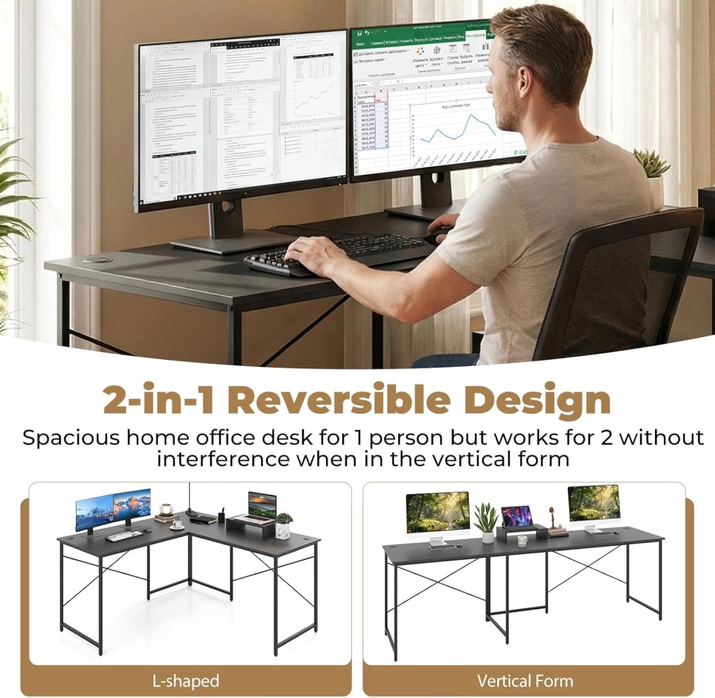 Scrivania angolare a forma di L, scrivania per computer reversibile, con supporto per monitor, 2 combinazioni, scrivania angolare per ufficio, tavolo da gioco (grigio)