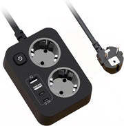 Scatola di presa con 2 prese di corrente - ingresso USB - cavo estensibile a schermo con interruttore - protezione surriscaldamento - lunghezza cavo 1,8 m - adatto per uso domestico - ufficio e viaggi - nero