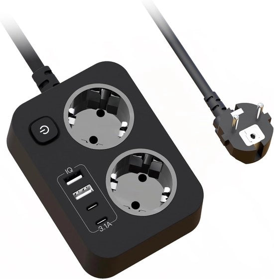 Scatola di presa con 2 prese di corrente - ingresso USB - cavo estensibile a schermo con interruttore - protezione surriscaldamento - lunghezza cavo 1,8 m - adatto per uso domestico - ufficio e viaggi - nero