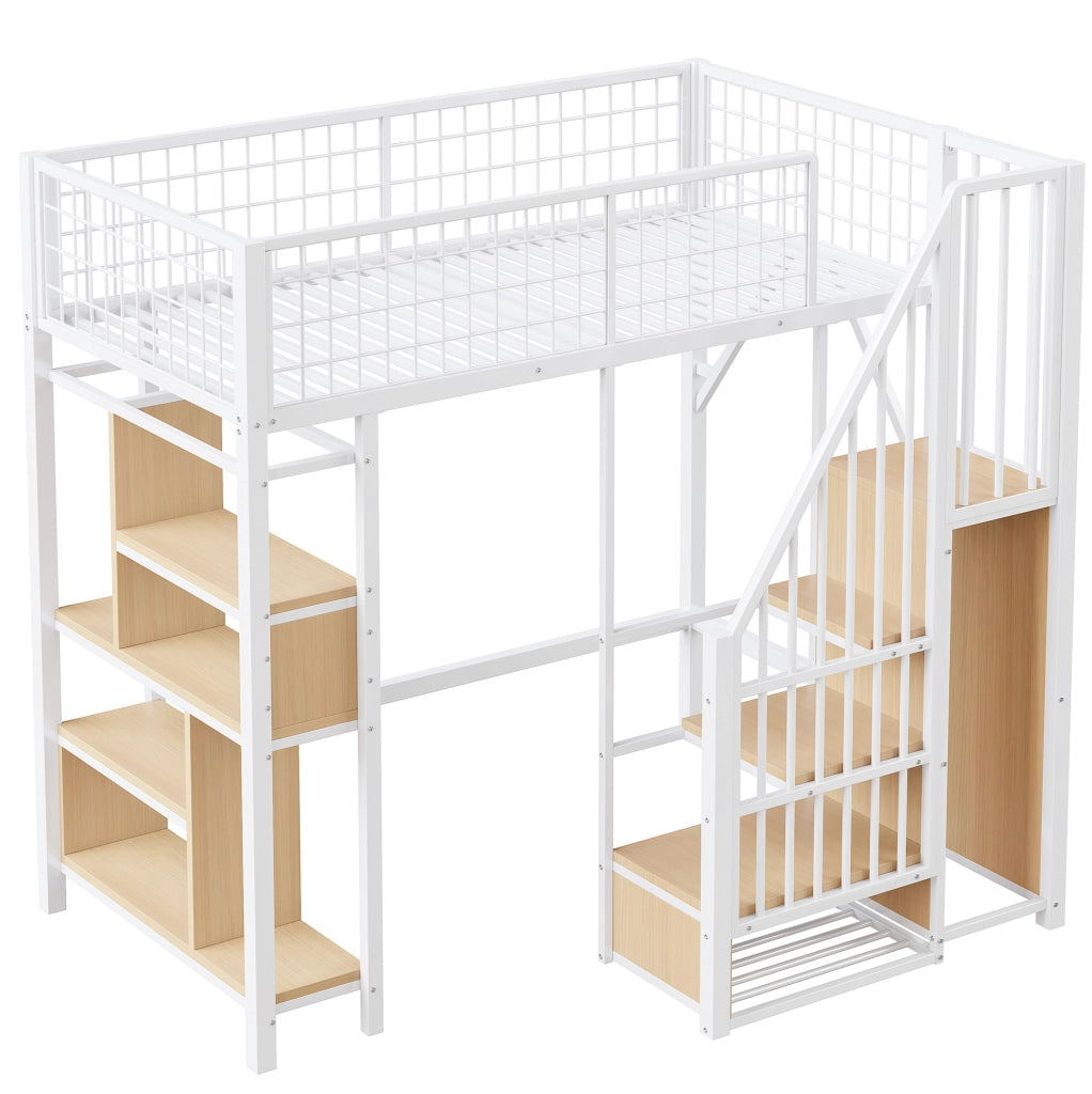 Letto a soppalco 90x200 cm bianco metallo e legno; scala contenitore
