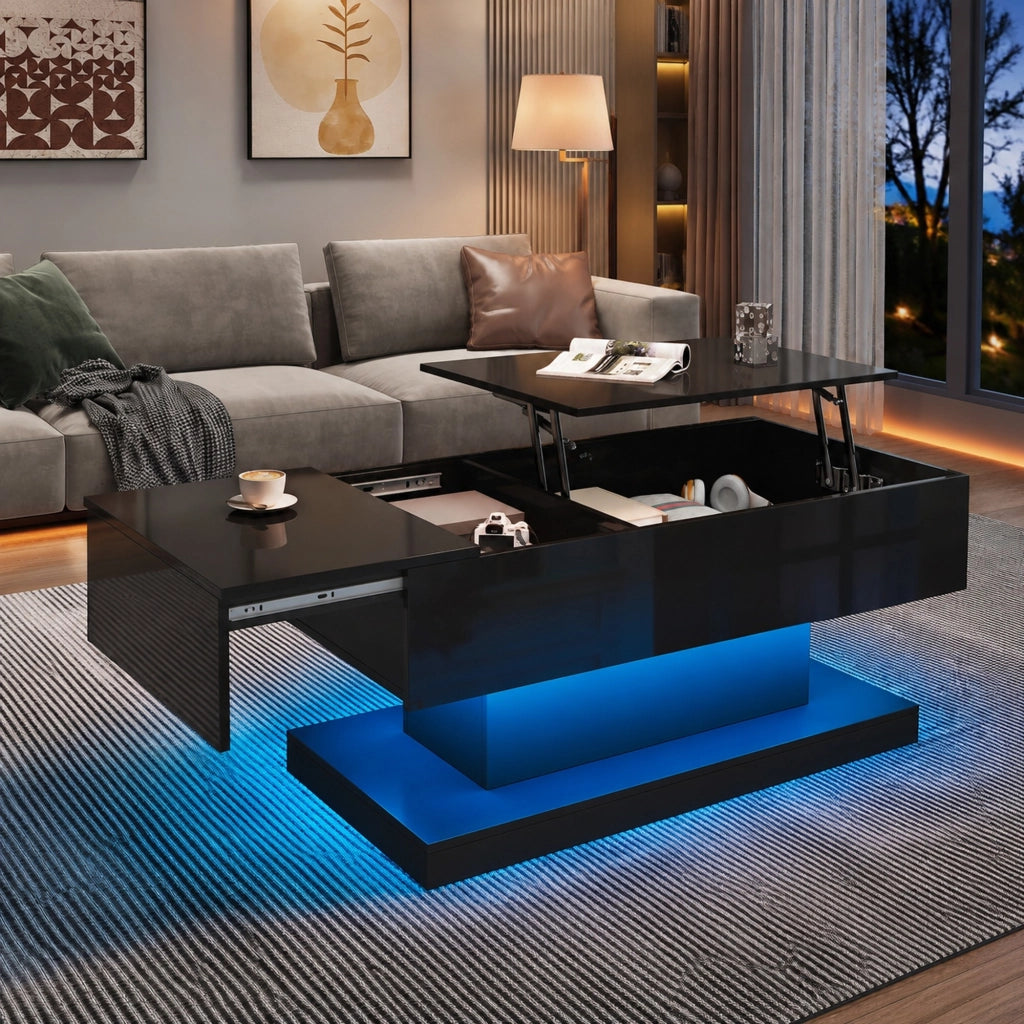 Tavolino da salotto con LED e piano elevabile idraulico 100x50x45 cm; nero