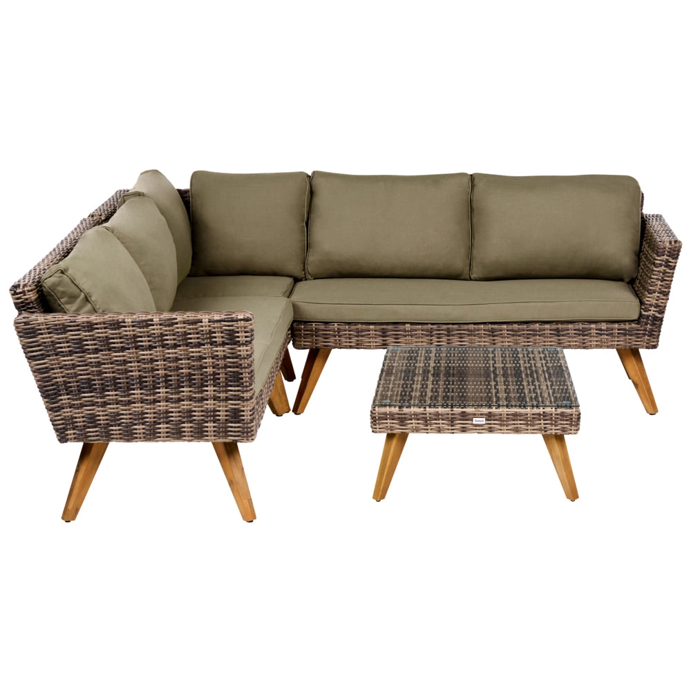 Set da giardino in rattan PE chiaro divano angolare 6 posti cuscini verde oliva tavolino da caffè stile country