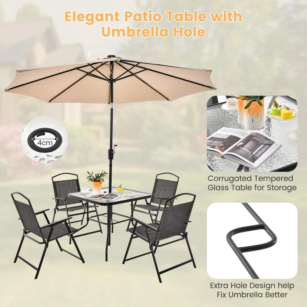 Set da Pranzo per Patio da 5 Pezzi, Sedie Pieghevoli e Tavolo in Vetro Con Foro per Ombrellone, Struttura in Metallo per Terrazza, Giardino