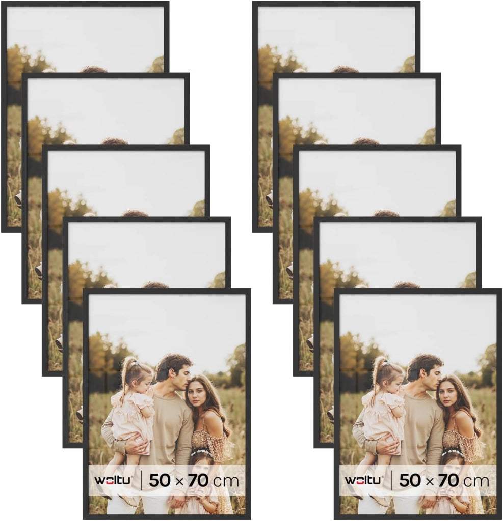 Set di 10 Cornici 50x70 cm con Passepartout, Portafoto in Orizzontale o Verticale, da Parete o Tavolo, in Legno MDF, Nero