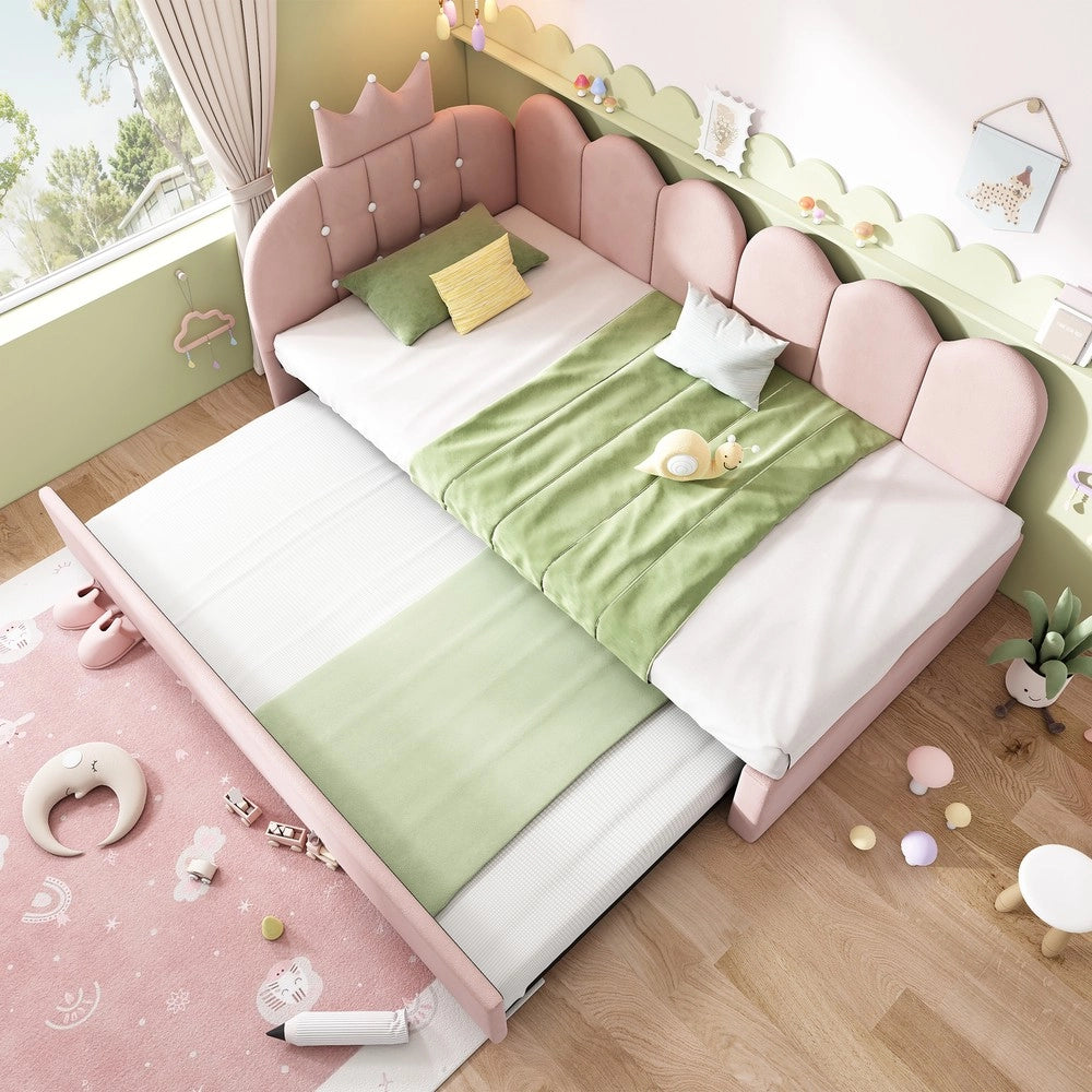 Sofa letto estraibile 90x200 cm - Zephmum- L-Form, velluto rosa, design corona e griglia
