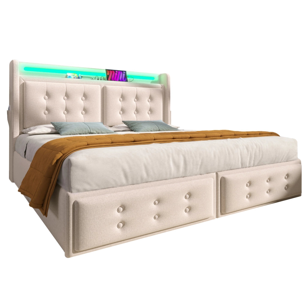 Letto matrimoniale 160x200 cm con LED; presa USB e materasso; beige in tessuto cotone-lino