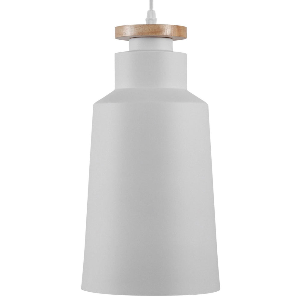 Lampadario in Metallo Bianco e Legno con Paralume a Forma di Cilindro
