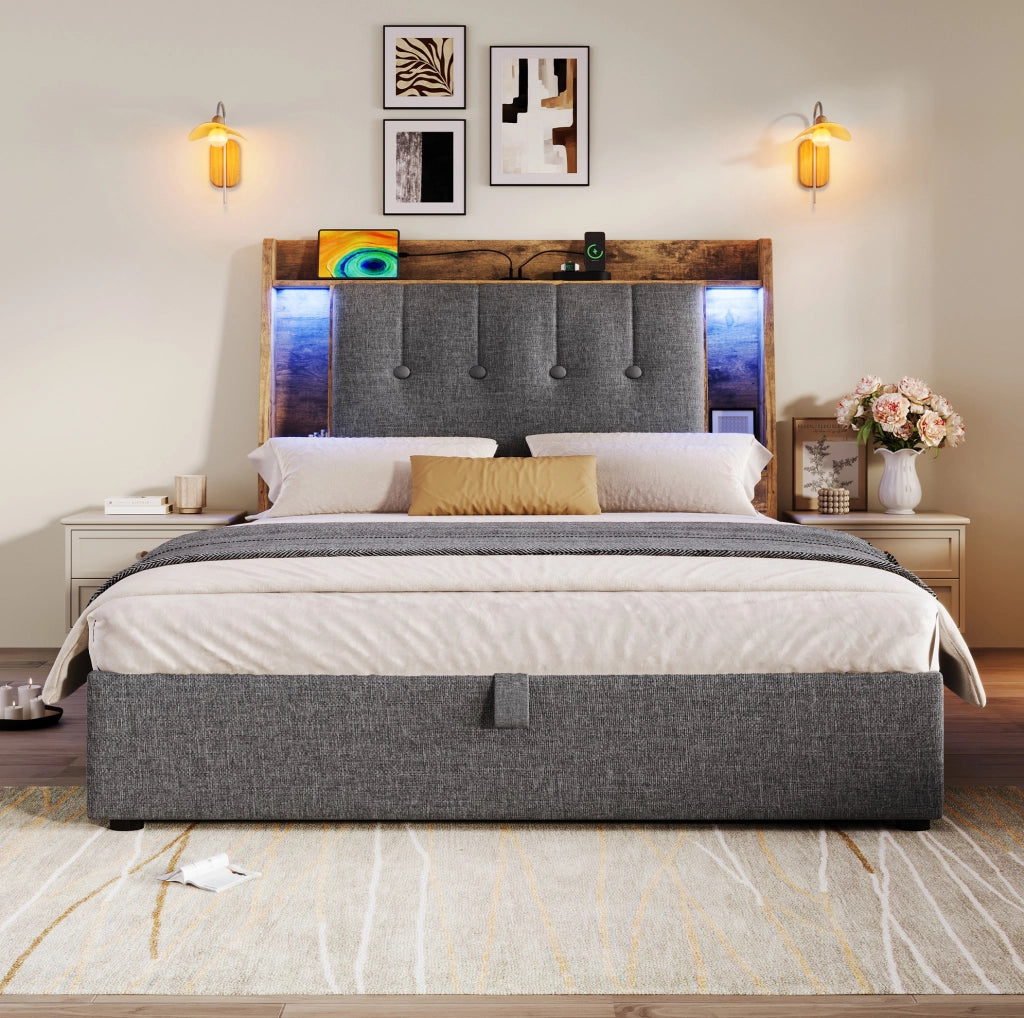 Letto imbottito 90x200 cm con ricarica USB e Type-C; LED e contenitore in lino e MDF