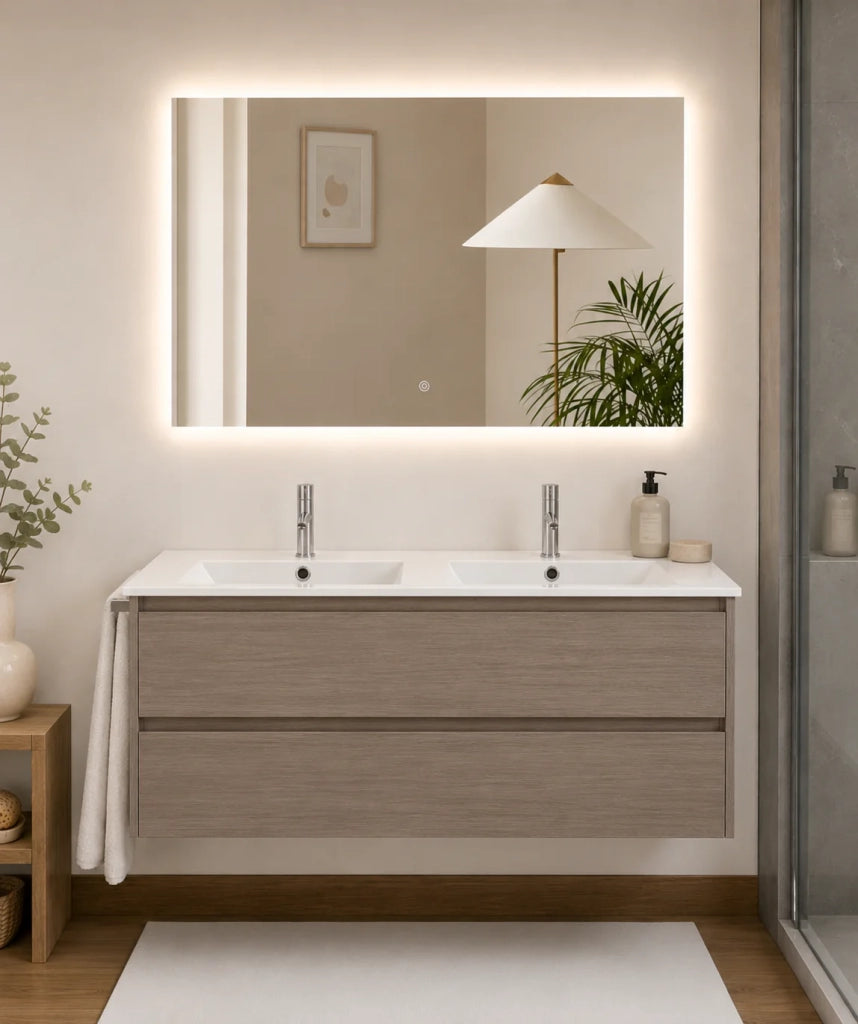 Mobile bagno con lavabo ORIGENBATH IBIZA senza specchio 120x45 cm doppio lavabo rovere smoky