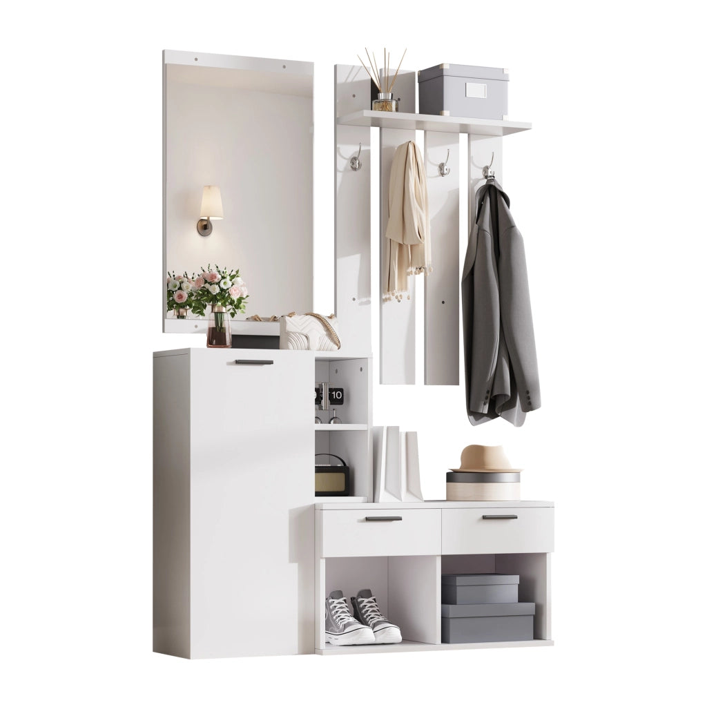 Garderoba da ingresso bianca con specchio, scarpiera, 2 cassetti e 4 ganci, 120x35x175,5 cm