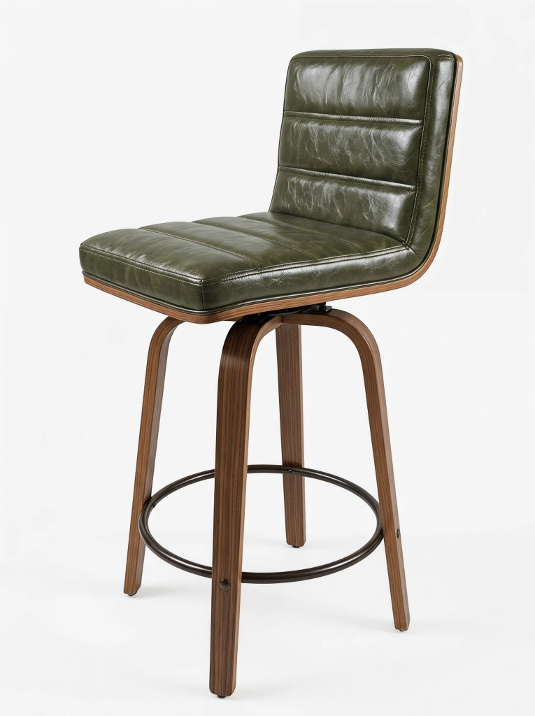 Sgabello da bar in pelle PU con schienale ergonomico e anello poggiapiedi in metallo e legno verde
