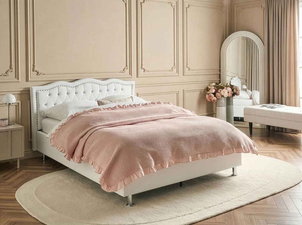 Letto matrimoniale in ecopelle bianca 140 x 200 cm 6 struttura imbottita con rifiniture per la testa dei chiodi con contenitore