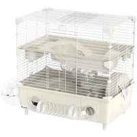 Gabbia per Criceti a 2 Livelli e 3 Porte con Ruota e Tubi, in Acciaio, PS e PP, 44.5x28x44 cm, Crema e Bianco
