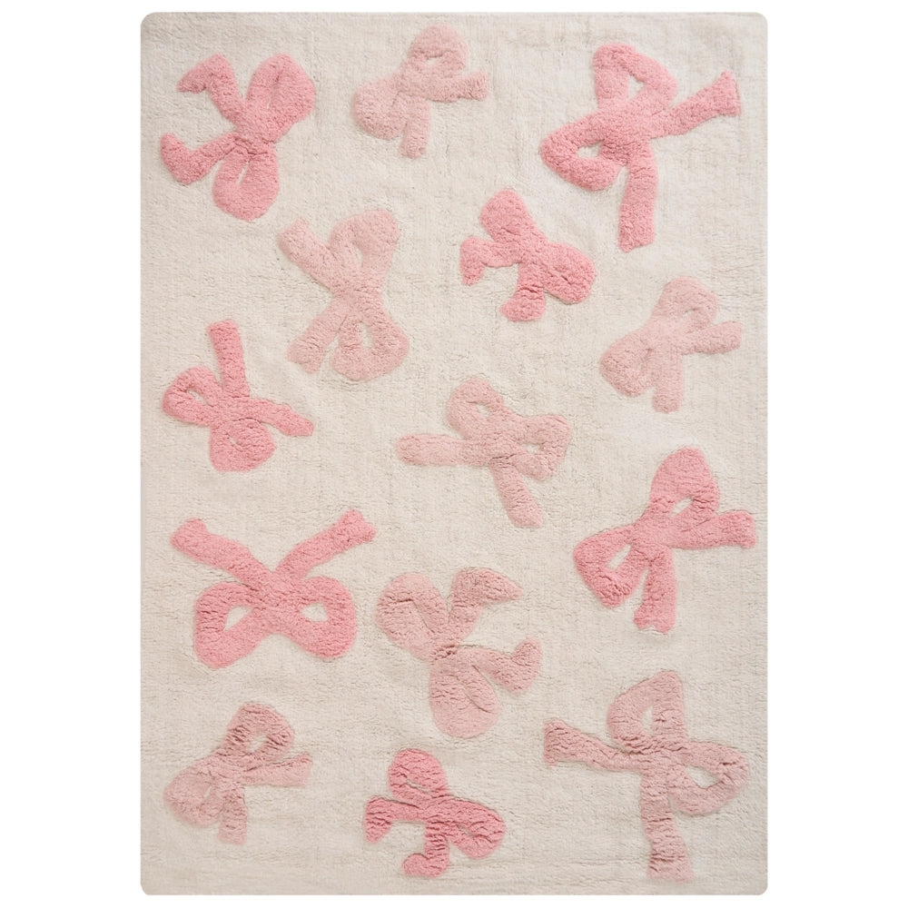 Tappeto per bambini rettangolare taftato in cotone bianco e rosa 90 x 130 cm con nastri decorativi