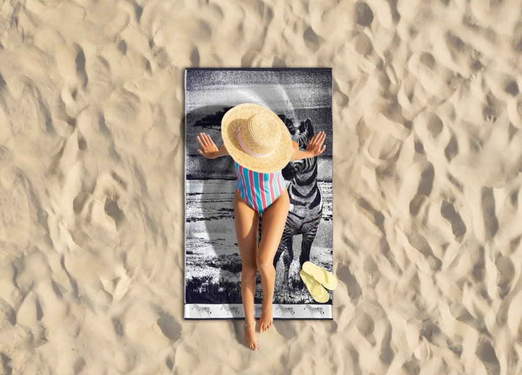 Telo Mare Jacquard Spugna Asciugamano Spiaggia Disegno Zebra Sunset KR - Telo Mare - Black-White