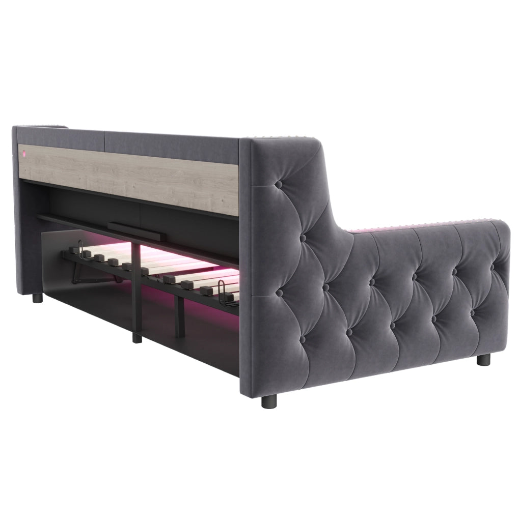 Divano letto imbottito in velluto grigio con vano contenitore e illuminazione LED