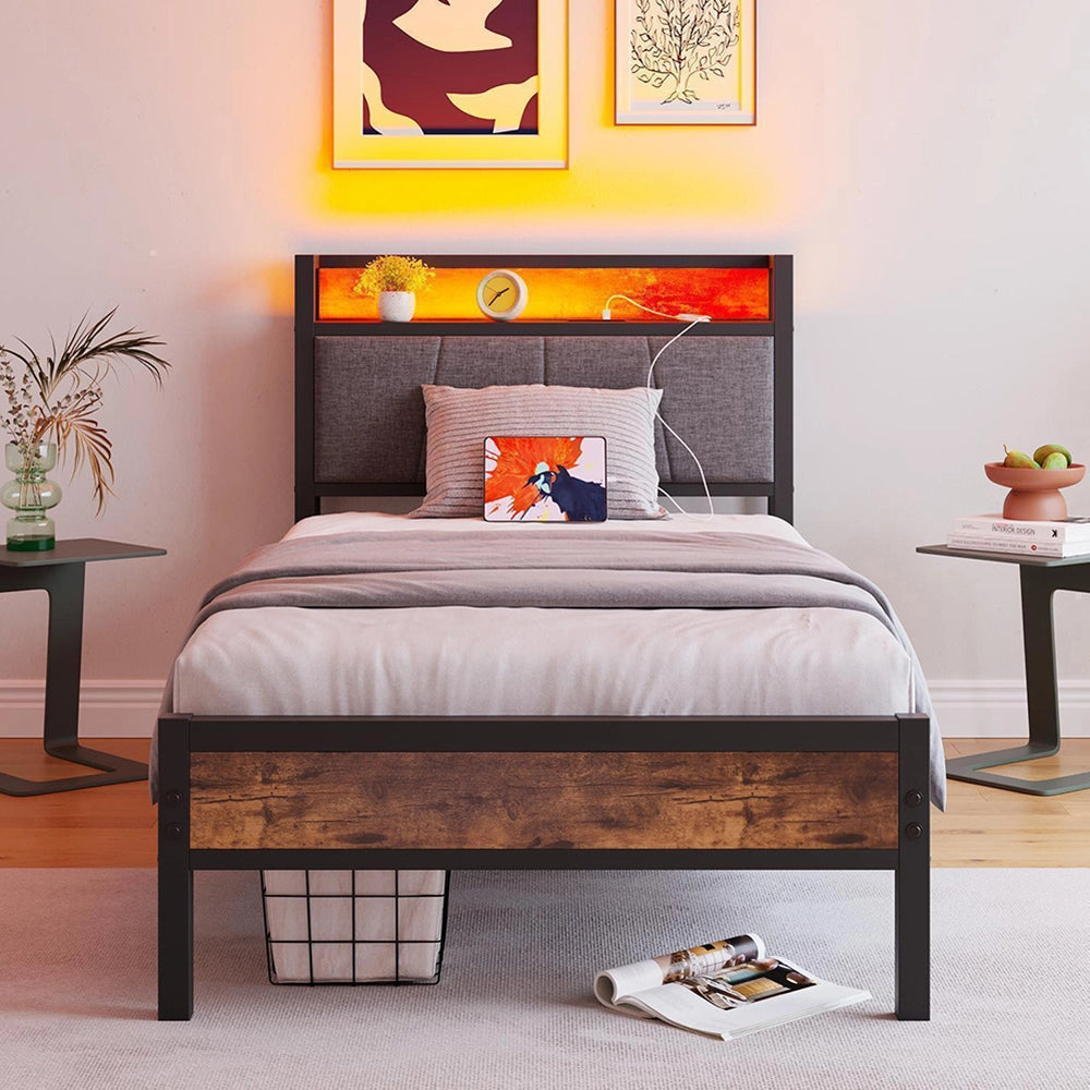 Struttura letto-Xylo-90x200cm,Nero,Con illuminazione LED e porte di ricarica USB-