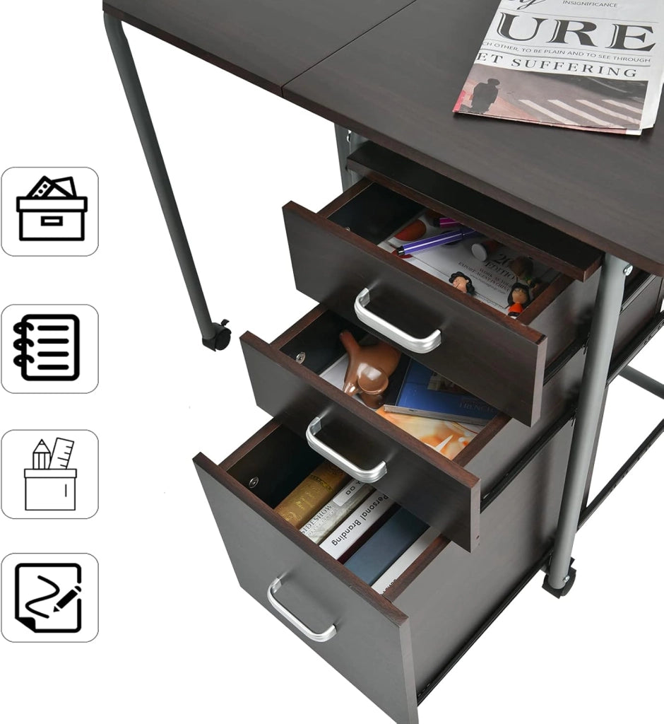 Scrivania Pieghevole e Rimovibile, Tavolo per Computer con Ruote Bloccabili, Tavolo con 3 Casseti di Dimensioni Diverse, Scrivania da Lavoro, Tavolo Porta PC in Legno (marrone)