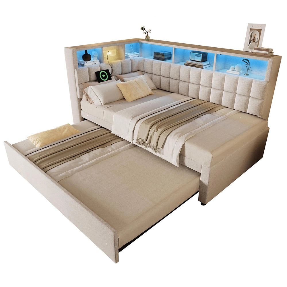 Letto imbottito-Xylo-90x200cm+90x190 LED Bluetooth USB-C testiera L lino beige senza materasso