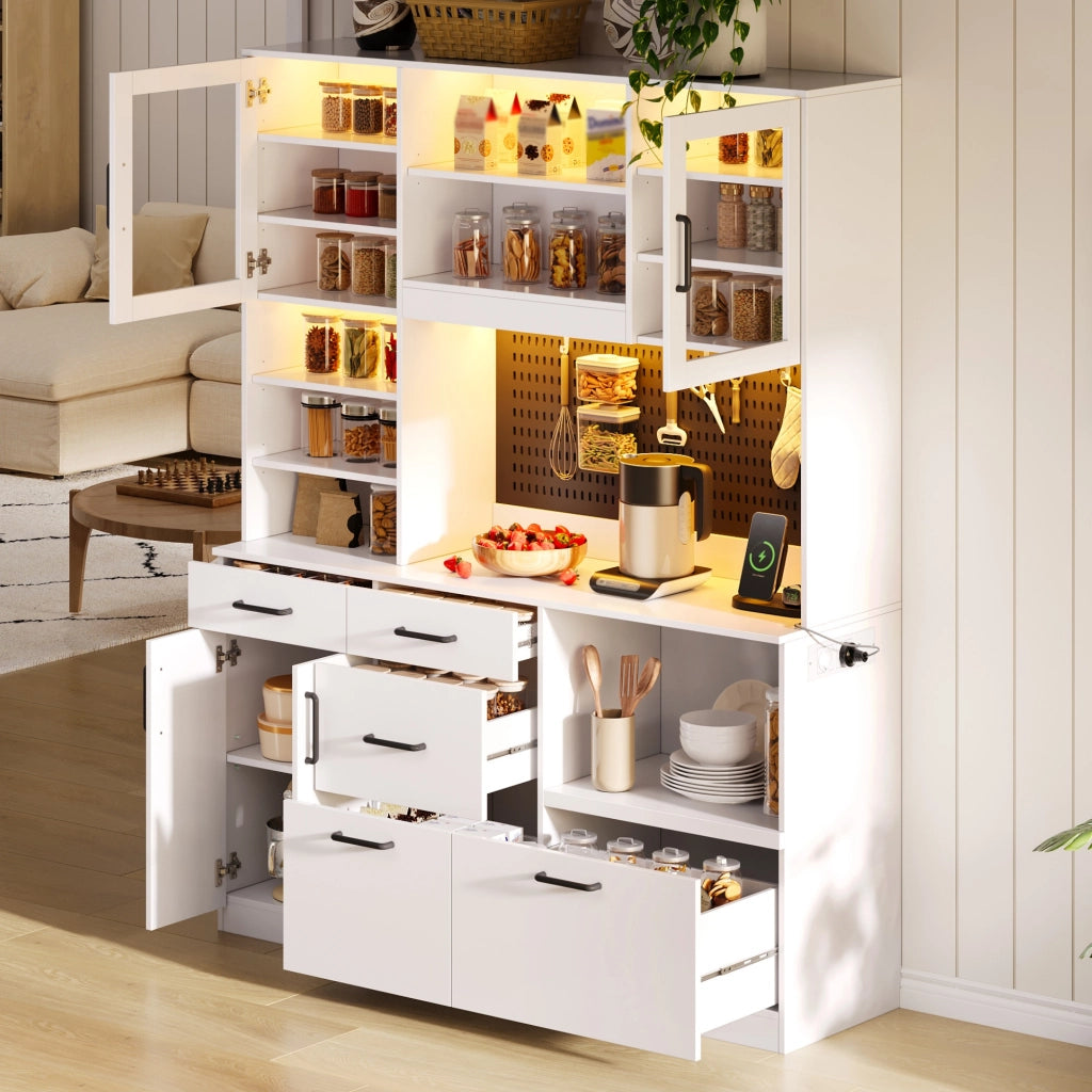 Credenza da cucina con LED RGB, prese e 5 cassetti, ripiani regolabili, per cucina, bianco, 185 × 145 × 40 cm