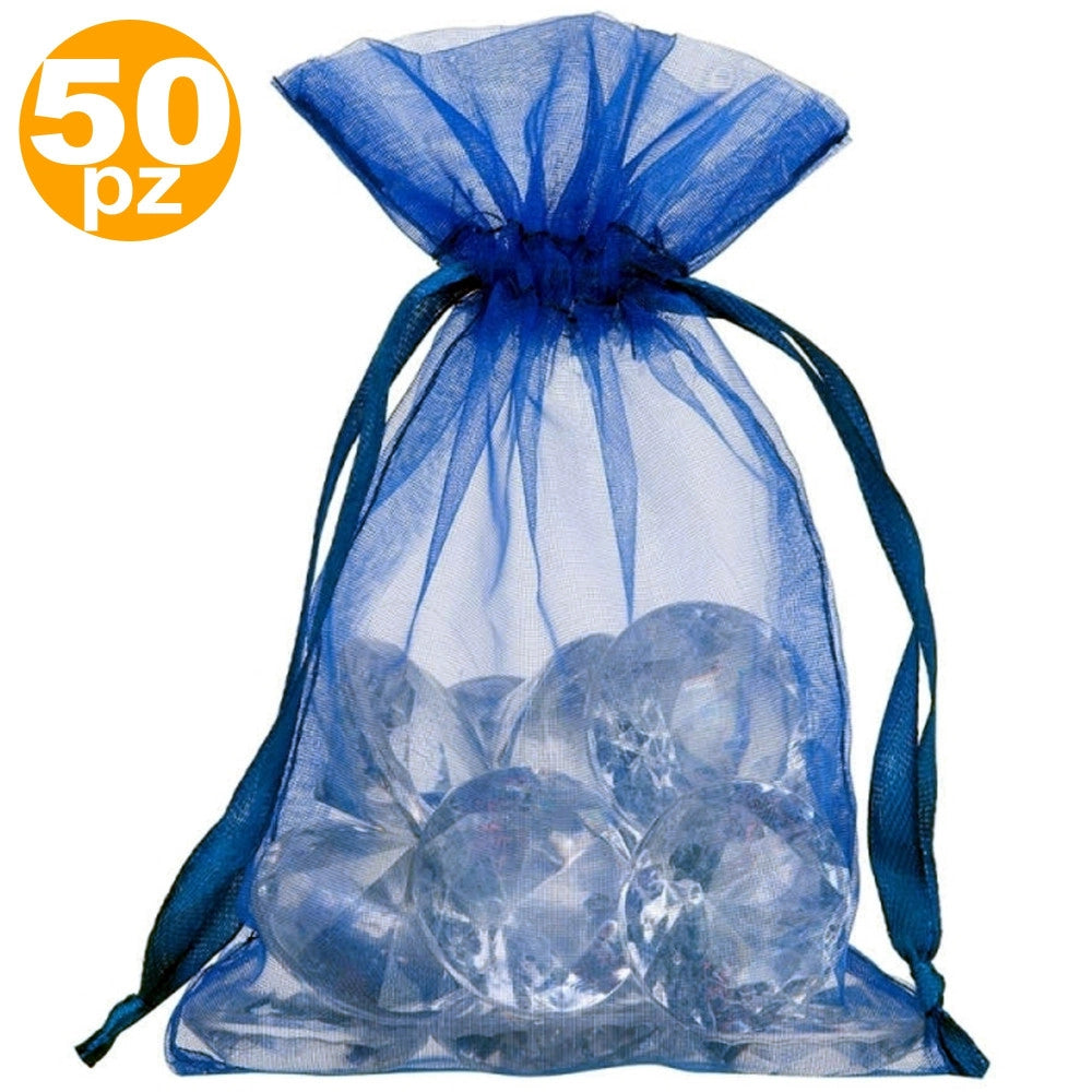 Trade Shop - 50 Sacchetti Blu Organza Bomboniera Nascita Matrimonio Compleanno Riso Confetti -